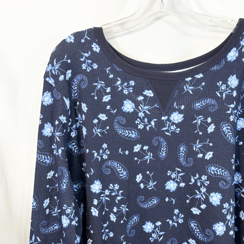 Woman‎ Within Plus Size 26/28W Thermal Top 2X Navy Blue Floral Waffle Knit 1532 - Picture 3 of 10